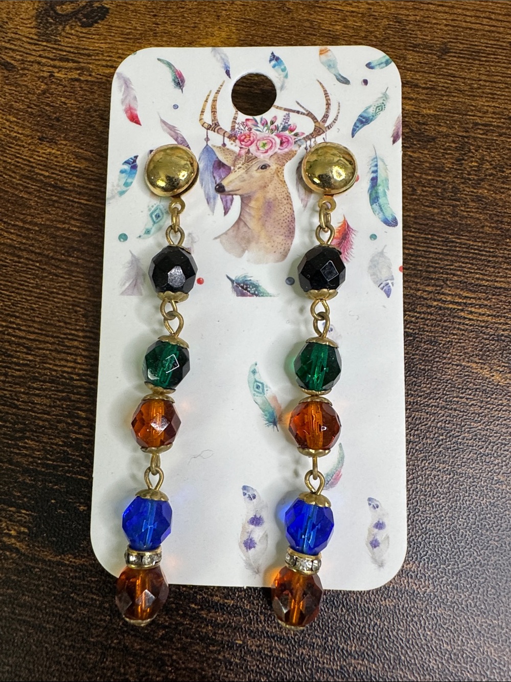 Vintage Multicolor Faceted Bead Drop Post Earrings - Gold